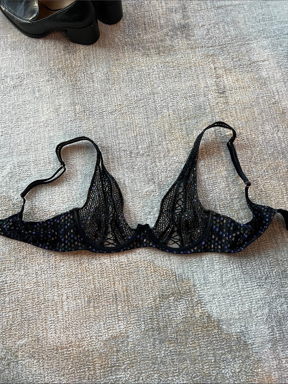 Savage X Fenty Black Sheer Lace Underwire Bra with Iridescent Dots